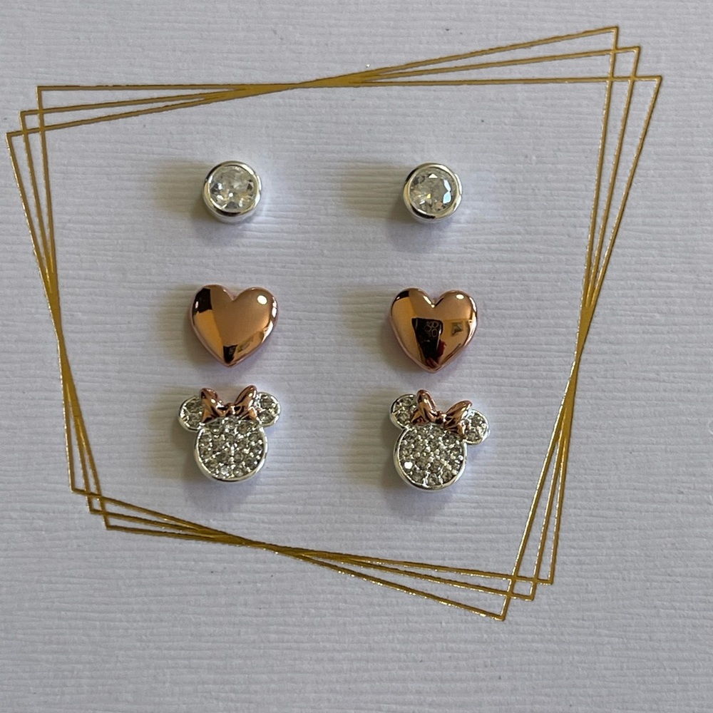 Disney Three Pair Silver Plated Two Tone Rose Gold Heart And Bezel Cubic Zirconi - Picture 3 of 7